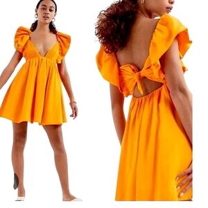 MASKAZU Womens Orange Ruffle Mini Babydoll Dress Butterfly Tie Back Size S NWT